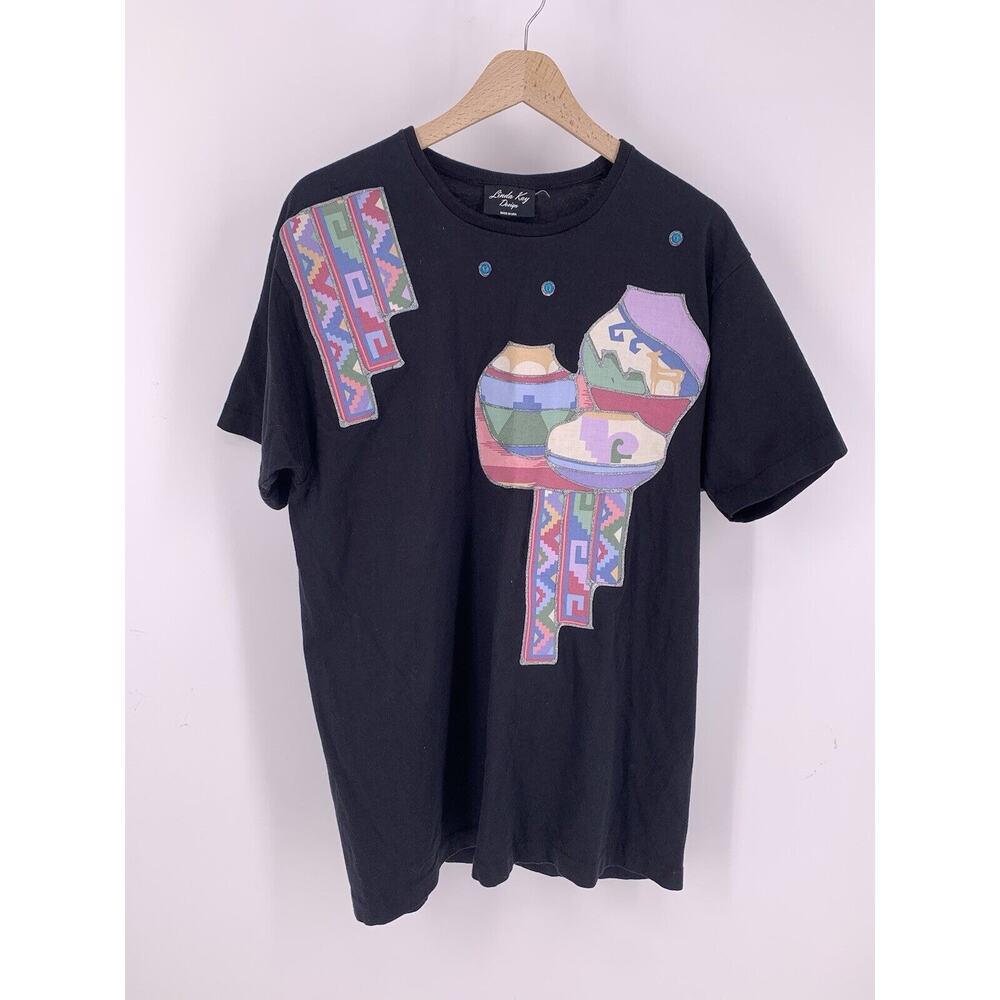 Southwestern Black T-Shirt XL Pastel Clay Pots Linda Kay Design Made in the USA